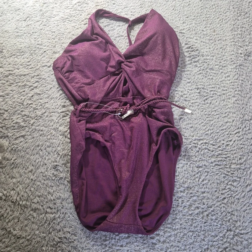Time and Tru Metallic One Piece Swimsuit TT13100073734 Women L 12-14 Purple Belt